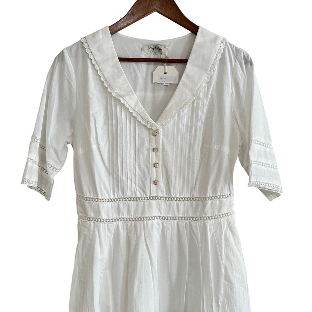 Simple Retro Fiona V Neck White Cotton Eyelet Lace Sailor Collar Midi Dress NWT - Picture 12 of 13